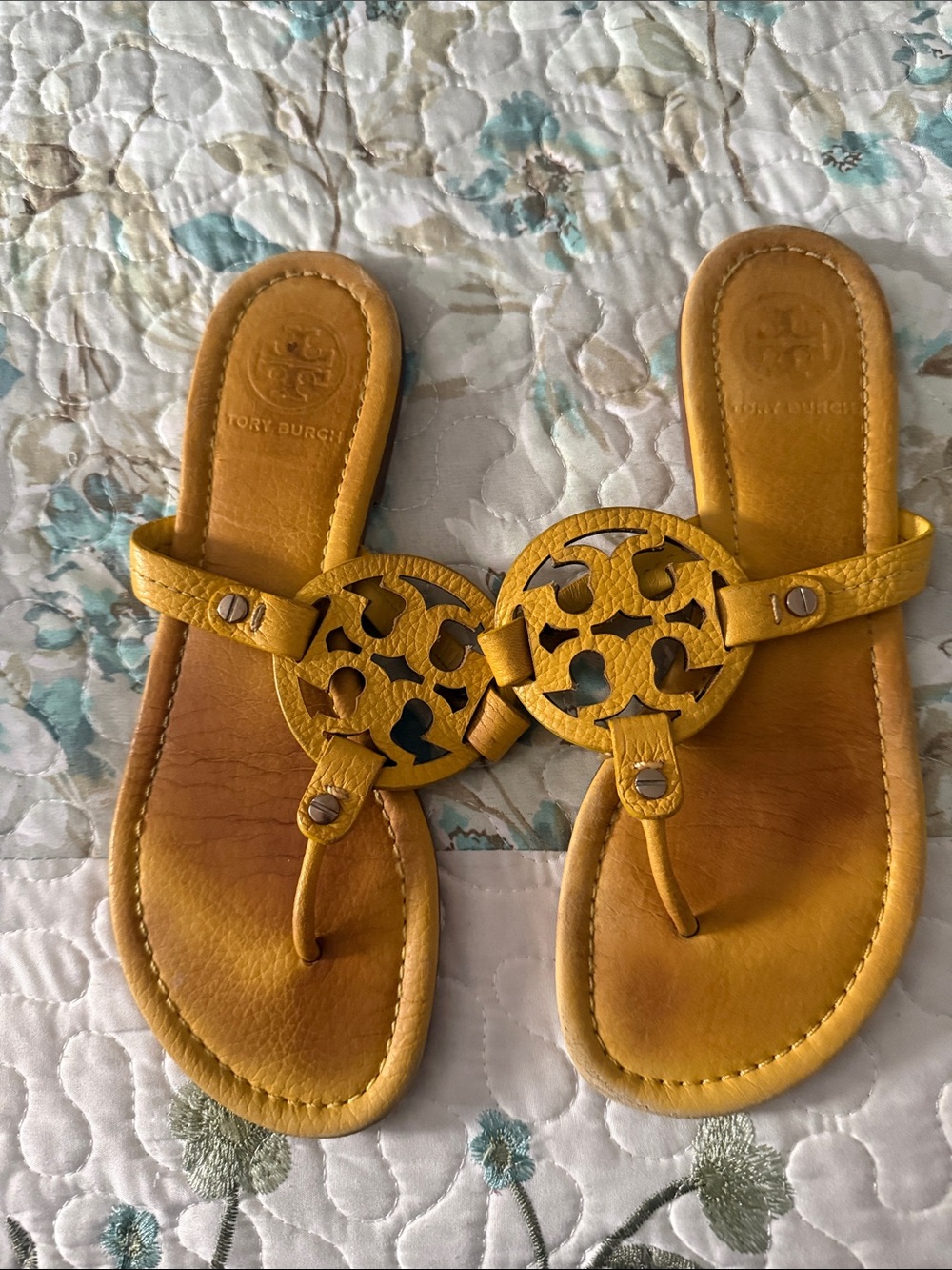 Tory Burch Mustard Yellow Miller Logo Leather Thong Sandals